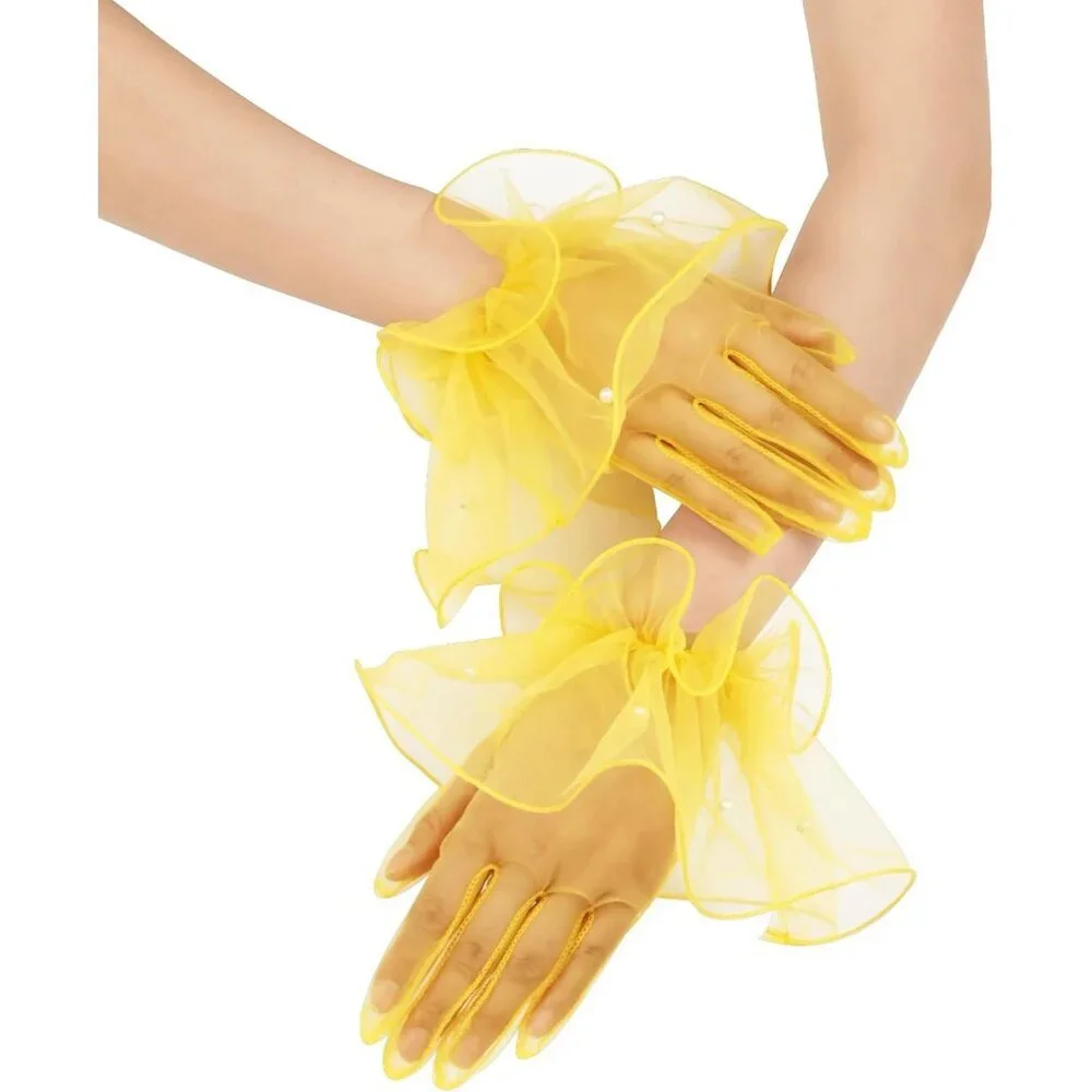 Women's Formal Evening Yellow Short Mesh Tulle Gloves Wedding Party Costume